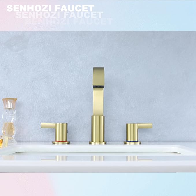 Widespread Gold Bathroom Faucet 3 Hole, Brushed Gold Vanity Faucet | 8 Inch Brushed Gold Bathroom Sink Faucet, Widespread, 360 Swivel Spout, Gold Bathroom Sink Faucet 3 Hole