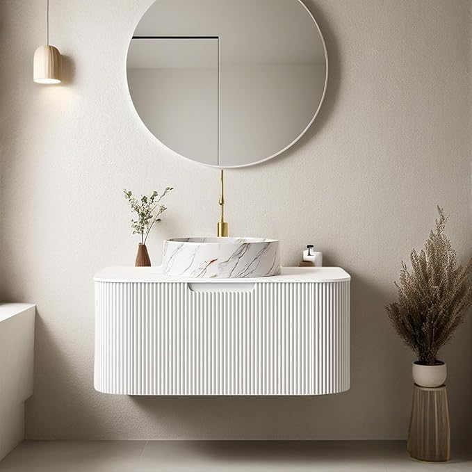 30" Floating Bathroom Vanity with Sink, Wall-Mounted Bathroom Cabinet with Ultra-Thin Ceramic Basin and Marble Top, Extra Large Storage Drawer, Soft-Close Design, White