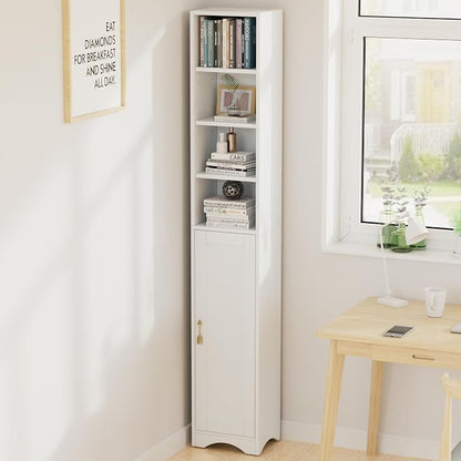 VECELO 71" Tall Narrow Storage Cabinet, Bathroom Storage Slim Freestanding Cabinet with Door & 6 Adjustable Shelves, Anti-Tip Design for Small Space, Kitchen, Living Room, White