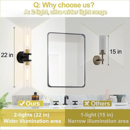 Wall Sconces Set of Two, 22" Black and Gold Bathroom Sconces with Clear Glass, Hardwired Modern Sconces Wall Decor Set of 2 Wall Light fixtures for Bathroom Mirror Living Room Hallway Bedroom