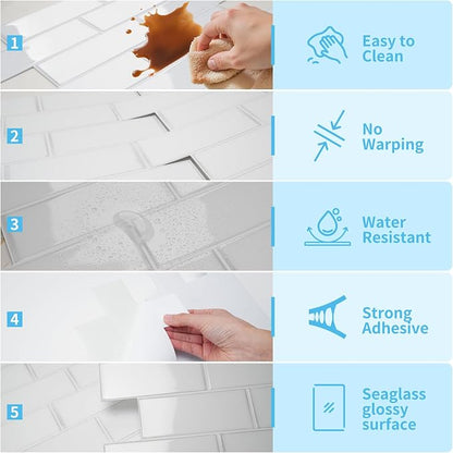 Art3d Subway Design Wall Tile, Peel and Stick Backsplash, 10-Pack, White | 12 x 12 Inch, Water Resistant, Durable, Easy to Installation, Coastal Style, for Modern Home Decor, Kitchen, Home Improvement