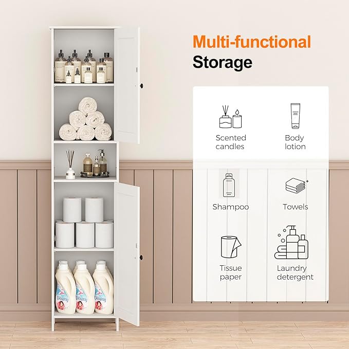 Tall Bathroom Storage Cabinet with 2 Doors, 67"H Narrow Storage Cabinet with Adjustable Shelves& Anti-Tip Design, Reversible Door Installation, Easy Assembly, 11.8 x 15.7 x 66.9 Inches, White
