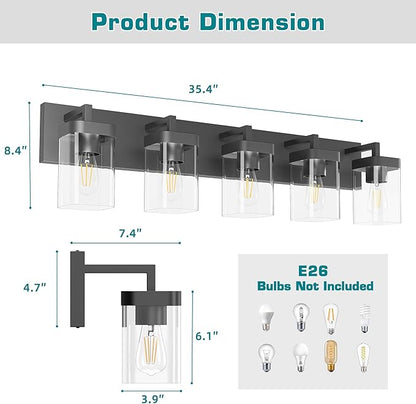 Bathroom Vanity Light, Square Design 5 Lights Morden Bathroom Lighting Fixtures Over Mirror, Black Vanity Light for Living Room/Bedroom