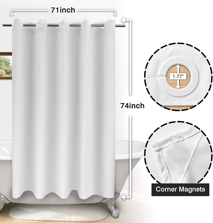 River Dream No Hook Fabric Shower Curtain TPU Lining, White, 71x74 | No Liner Required, Hotel Shower Curtain for Bathroom, Built-in Hooks & Bottom Magnets, Waterproof