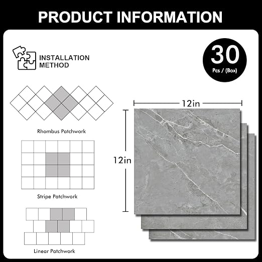 30-Pack 12"x12" Marble Peel and Stick Floor Tiles Waterproof Self Adhesive Vinyl DIY Flooring for Bedroom, Bathroom, Kitchen, RV, Cover 30 Sq. Ft, Grey Marble
