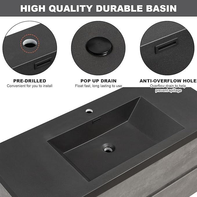 Wall Mounted 48 Inch Bathroom Vanity with Sink, Floating Vanity Bathroom, Single Sink Bathroom Vanity, 2 Drawers, 2 Soft Closing Doors, Resin Integrated Sink (Dark Birch)