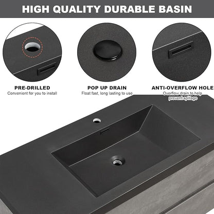 Wall Mounted 48 Inch Bathroom Vanity with Sink, Floating Vanity Bathroom, Single Sink Bathroom Vanity, 2 Drawers, 2 Soft Closing Doors, Resin Integrated Sink (Dark Birch)