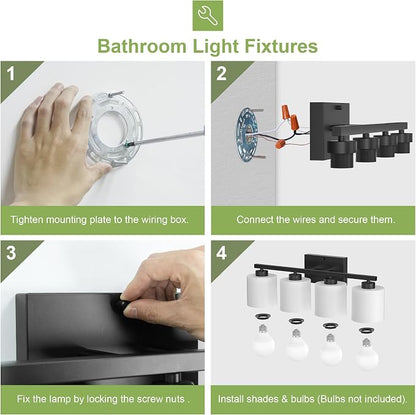 Honesorn 4-Light Vanity Lights, Matte Black Bathroom Light Fixtures | Black Bathroom Vanity Light, Wall Sconces with Milky White Frosted Shades Bedroom,E26 Socket(Bulbs Not Included)