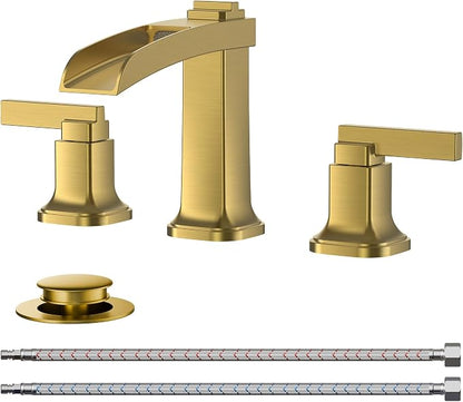 FORIOUS Brass Waterfall Brushed Gold Bathroom Faucets 3 Hole, Modern Widespread 8 Inch Bathroom Sink Faucet with Metal Pop-up Drain and Pre-Assembled Hose for Vanity, Restroom,Bathtub