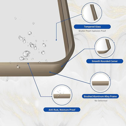 WEER 36X36 Inch Bronze Bathroom Vanity Mirror for Wall | Brushed Bronze Metal Frame Mirror, Rounded Rectangle, Tempered Glass, Anti-Rust, Hangs Horizontally or Vertically