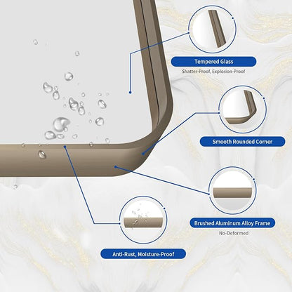 WEER 55X36 Inch Bronze Bathroom Vanity Mirror for Wall | Brushed Bronze Metal Frame Mirror, Rounded Rectangle, Tempered Glass, Anti-Rust, Hangs Horizontally or Vertically
