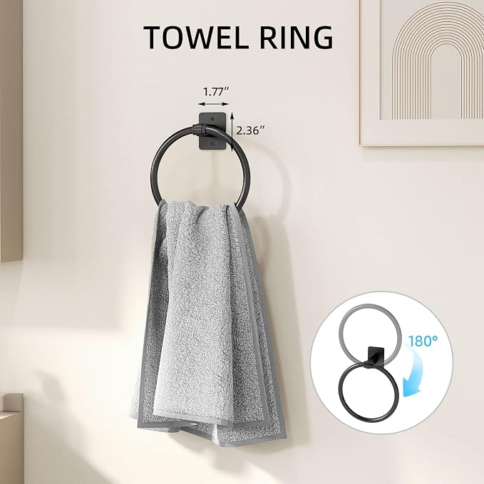Matte Black Bathroom Accessories Set 4-Pieces, Towel Racks for Bathroom 24Inch Towel Bar, Towel Ring, Towel Hooks, Toilet Paper Holder with Shelf, Stainless Steel Wall Mounted Bathroom Hardware Set