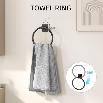 Matte Black Bathroom Accessories Set 4-Pieces, Towel Racks for Bathroom 24Inch Towel Bar, Towel Ring, Towel Hooks, Toilet Paper Holder with Shelf, Stainless Steel Wall Mounted Bathroom Hardware Set