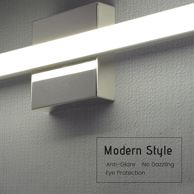 Modern 24IN 14W Bathroom Light Fixture, Chrome Vanity Lights for Mirror, 2 Packs, Waterproof, Daylight White Light(6000K), Stainless Steel, A-Silver, Hardwired