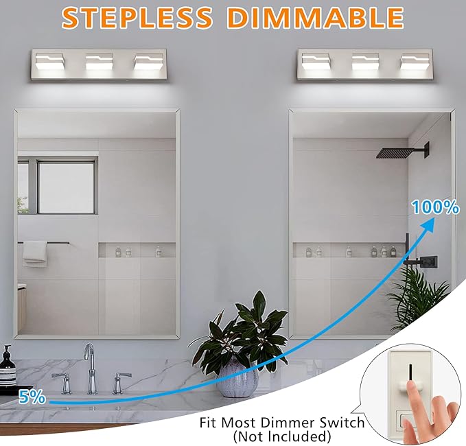LED Modern Bathroom Vanity Light Fixtures 3-Light, 19 inch Dimmable Nickel Vanity Lights for Bathroom Lighting Fixtures Over Mirror, with 350°Rotatable Acrylic Heads(White Light 5500K)