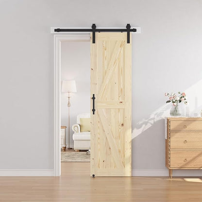 SMARTSTANDARD 28in x 84in Sliding Barn Door with 5ft Barn Door Hardware Kit Included, Unfinished Solid Spruce Wood Door, Assembly Required, DIY, Stainable, Natural | Unfinished Solid Spruce Wood Door, Assembly Required, DIY, Stainable, Natural