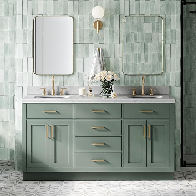 ARIEL Hepburn 66 Inch Double Oval Sink Bathroom Vanity with Carrara White Quartz Countertop 1.5 Inch in Vintage Green