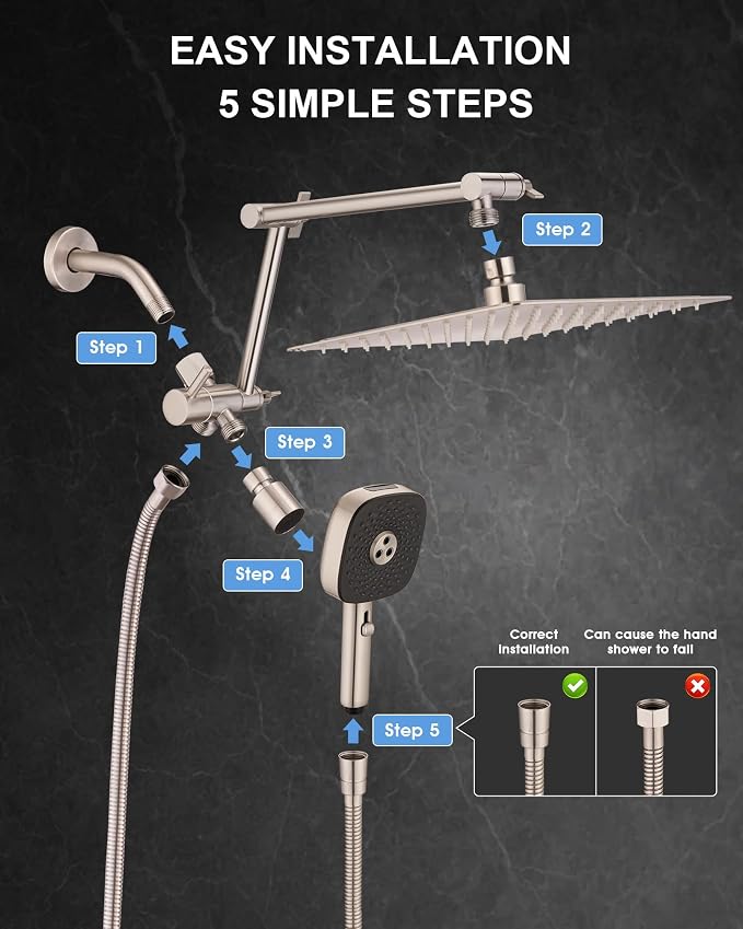 10" Rainfall Shower Head with Handheld Combo, High Pressure Dual Showerhead with Square Rain& Magnetic Hand Sprayer, 15" Adjustable Metal Extension Arm (Brushed Nickel)