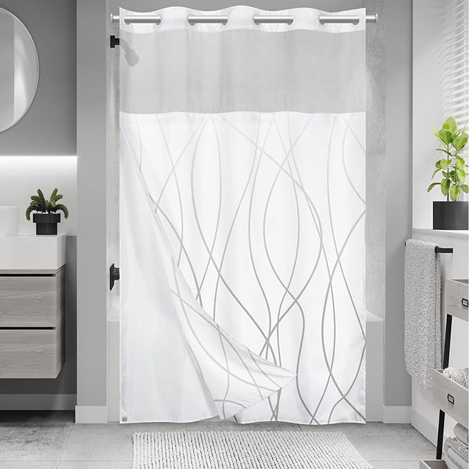 No Hook Ombre Grey White Striped Stall Shower Curtain with Snap in Liner Set - Hotel Shower Curtain and Liner Set with See Through Mesh Top Window,Machine Washable, 54x80 INCH