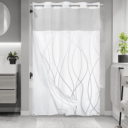 No Hook Ombre Grey White Striped Stall Shower Curtain with Snap in Liner Set - Hotel Shower Curtain and Liner Set with See Through Mesh Top Window,Machine Washable, 54x80 INCH