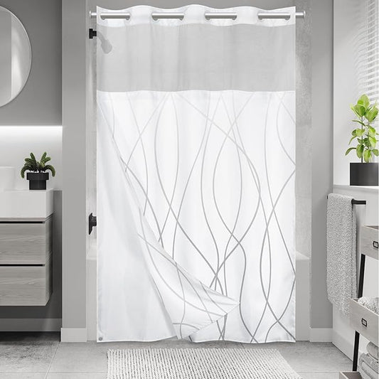 No Hook Ombre Grey White Striped Stall Shower Curtain with Snap in Liner Set - Hotel Shower Curtain and Liner Set with See Through Mesh Top Window,Machine Washable, 54x80 INCH
