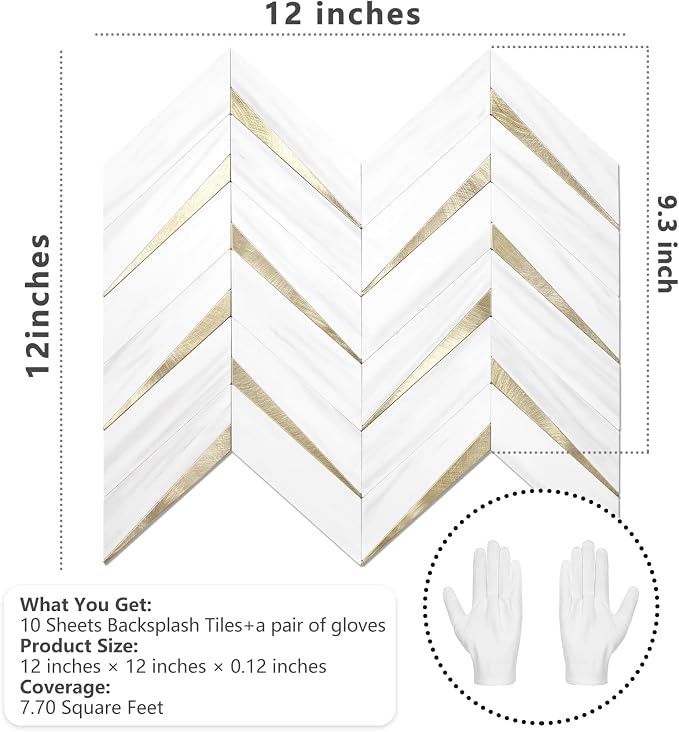 STICKGOO Herringbone Tile Peel and Stick Backsplash for Kitchen&Bathroom | 10-Sheet Self Adhesive Wall Tiles, Dolomite White Mixed Light Gold PVC Stick on Backsplash Tile for Kitchen,Bathroom