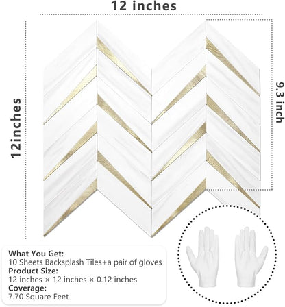 STICKGOO Herringbone Tile Peel and Stick Backsplash for Kitchen&Bathroom | 10-Sheet Self Adhesive Wall Tiles, Dolomite White Mixed Light Gold PVC Stick on Backsplash Tile for Kitchen,Bathroom