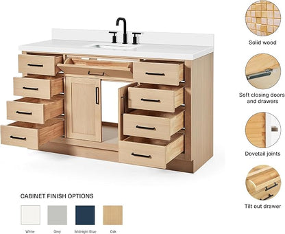 ARIEL Hepburn 60-inch Bathroom Vanity with Sink,Solid Wood, 1.5-inch Pure White Quartz Countertop, Single Rectangular Porcelain Sink, 2 Soft Closing Doors, 9 Dovetail Drawers, White Oak