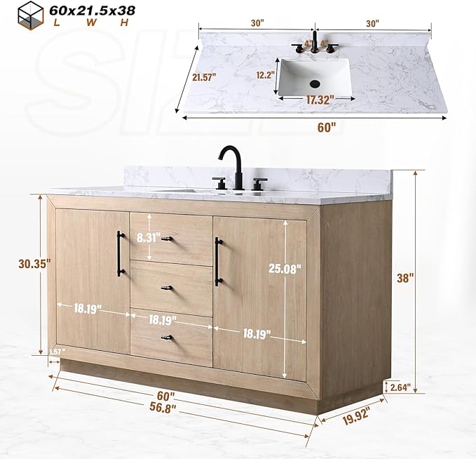 Vanity Art 60" Bathroom Vanity with Sink, Vanity Cabinet with Doors and Shelf, Modern Wood Bathroom Vanity with White Marble Top, Solid Wood Frame, 3 Functioning Drawers,VA70-60-SLW-E
