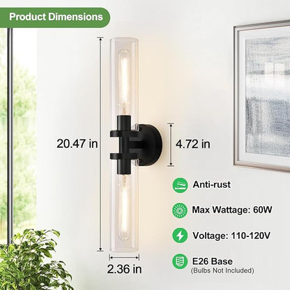 Wall Sconces Set of Two, Hardwired Matte Black Bathroom Sconces Wall Lighting with Clear Glass, Modern Sconces Wall Decor Set of 2 Bathroom Light Fixtures for Mirror Hallway (Bulbs Not Included)