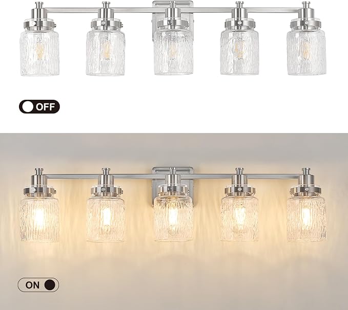 5 Light Bathroom Vanity Light Fixtures Modern Brushed Nickel | ETL Certificate, Easy to Install,Wall Mount Up or Down,Hammered Glass Lampshade,E26 Socket,Hardwired,120V