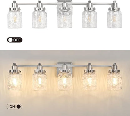 5 Light Bathroom Vanity Light Fixtures Modern Brushed Nickel | ETL Certificate, Easy to Install,Wall Mount Up or Down,Hammered Glass Lampshade,E26 Socket,Hardwired,120V