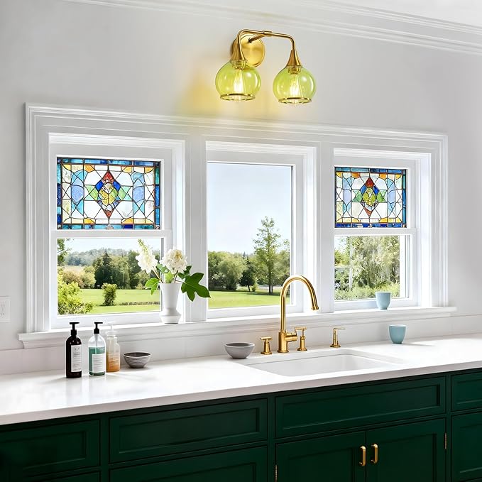 Brushed Gold Bathroom Vanity Light 2-Lights Bathroom Light Fixtures Over Mirror with Green Clear Glass Shade 14 inch Wall Sconce Lighting Bath(Exclude E26 Bulb)