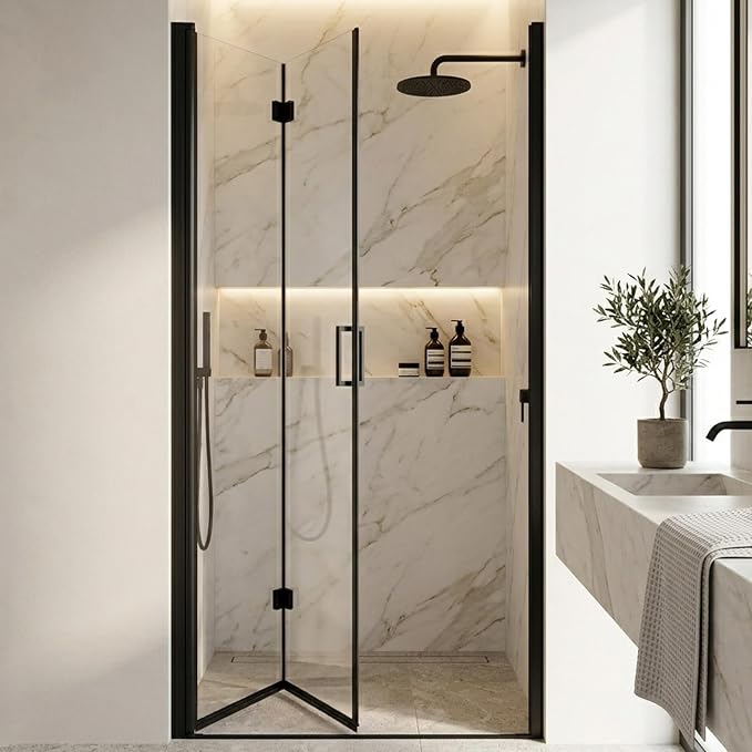 34-35.2" W x 72" H Frameless Bifold Pivot Swing Shower Door | 1/4" (6mm) Clear SGCC Tempered Glass with a space-saving folding Bathroom Door, Reversible Installation, Matte Black Finish