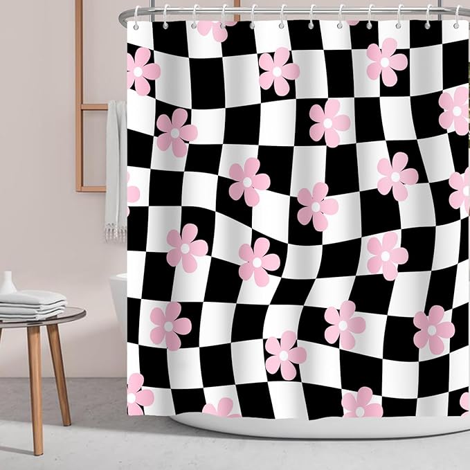 Black White Shower Curtain Pink Flower Abstract Checkered Plaid Groovy,Vintage Shower Curtains Bathroom Accessories 72x72 Inches