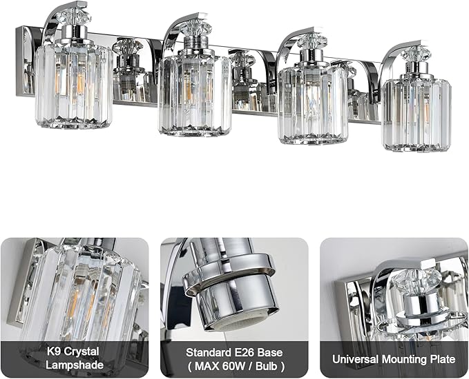 Chrome Bathroom Light Fixtures with K9 Crystal Lampshade Bathroom Lighting Over Mirror Vanity Lights for Living Room,Bedroom,Restroom,Hallway 4 Lights