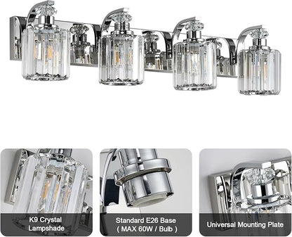 Chrome Bathroom Light Fixtures with K9 Crystal Lampshade Bathroom Lighting Over Mirror Vanity Lights for Living Room,Bedroom,Restroom,Hallway 4 Lights