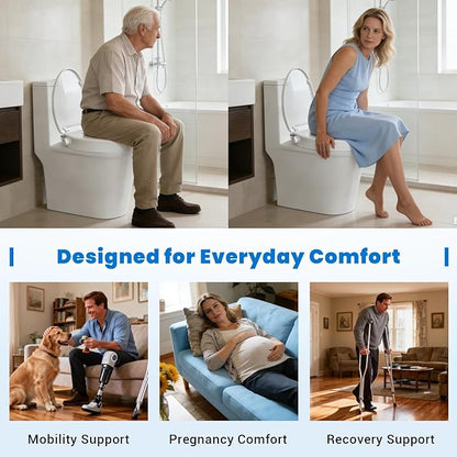Raised Toilet Seat with Bidet for Seniors, 3" Height, Heavy Duty Slow Close Elevated Toilet Seat with Never Loosen Hinges, Fits Most Elongated Toilets, No Electric Cold Water Only (White 18.5")