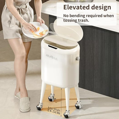 MRBIN Metal Slim Bathroom Motion Sensor Trash Can with Lid and Wheels, 13L / 3.4gal Electric Touchless Toilet Waste Basket with Legs for Narrow Vanity, Rvs, Dorm, Kitchen, Cream White