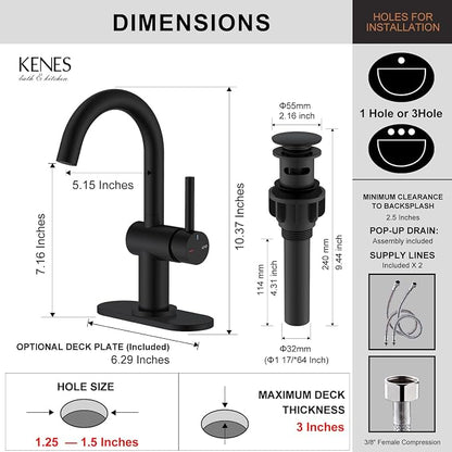 Matte Black Bathroom Faucet Single Handle, Single Hole Vanity Faucet | Bathroom Sink Faucet with Pop Up Drain & 6 Inch Deck Plate, Lead-Free cUPC & NSF Certified, 1 Handle Faucet for Vanity RV Bar