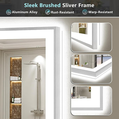 84x32 Inch Brushed Nickel LED Bathroom Mirror, Backlit & Front Lit | Silver Framed Anti-Fog Lighted Vanity Mirror with Lights, 3 Color Dimmable, Memory, HD Tempered Glass, CRI95, IP54, UL Listed