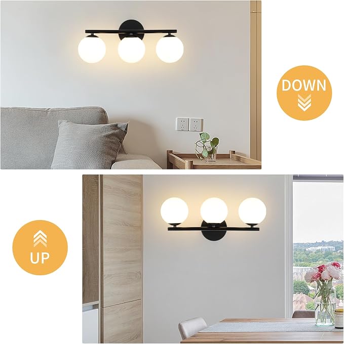 foucasal Black 3-Light Globe Bathroom Vanity Light Fixture Over Mirror | G9 Socket, Plastic Milk Globe Shades, 4.72" Base, 10W Max, Adjustable Up/Down Light, Mid Century Style for Bathroom Bedroom