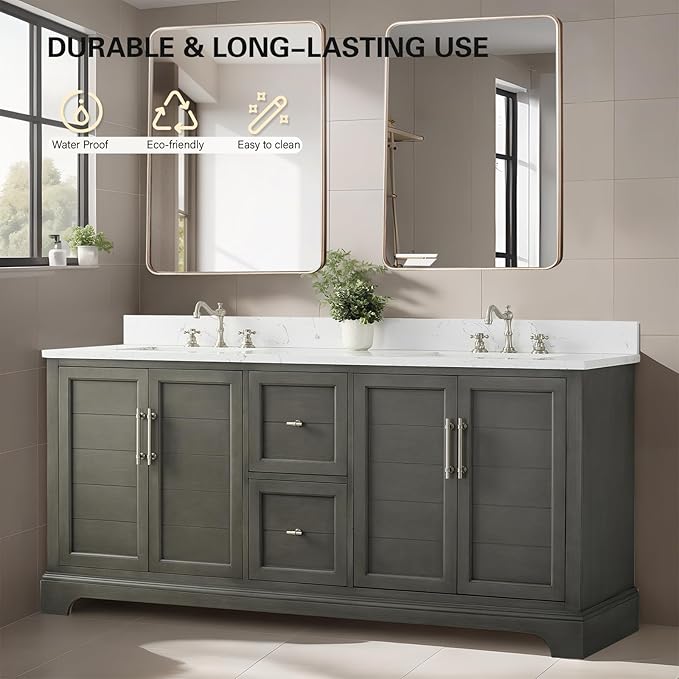 HOMEBEYOND 72 Inch Bathroom Vanity with Double Sink & Ceramic Top, Vanity Cabinet with Center Countertop Basin, Soft-Closing Doors, Backsplash, Sliver Grey