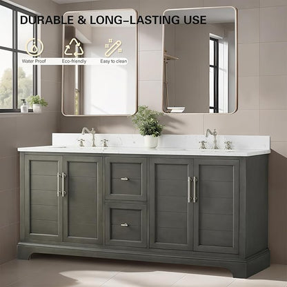 HOMEBEYOND 72 Inch Bathroom Vanity with Double Sink & Ceramic Top, Vanity Cabinet with Center Countertop Basin, Soft-Closing Doors, Backsplash, Sliver Grey