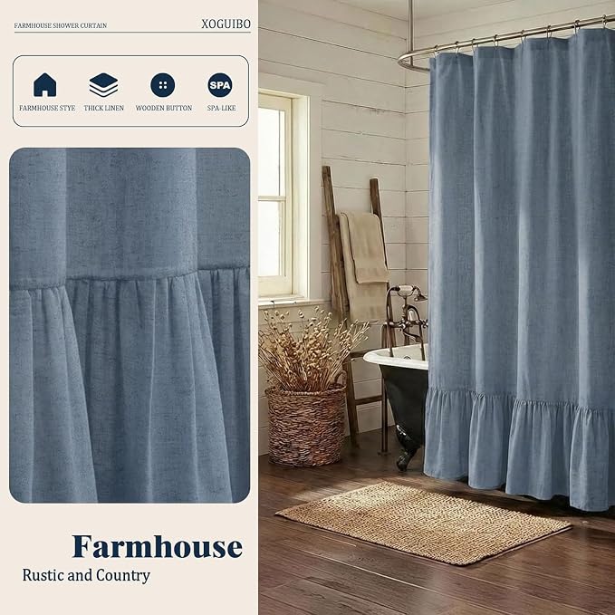 Farmhouse Shower Curtain Ruffle Linen Flax Blue Grey 72" W x 72" L | Linen Fabric, Farmhouse Boho, Bottom Ruffle, Rustic, Country, Natural Look, Washable, Shower Curtain for Bathroom Bathtub
