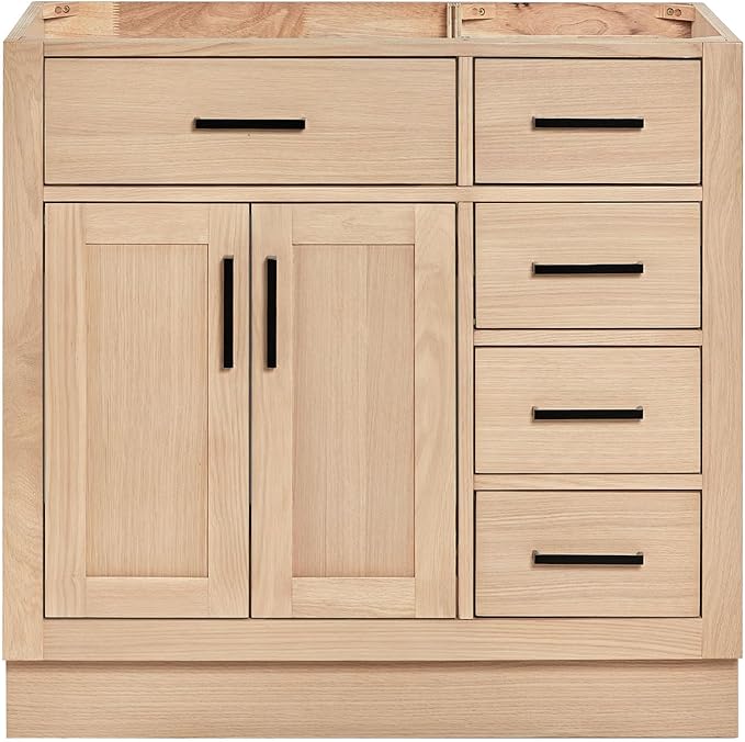 ARIEL Hepburn 36-inch Bathroom Vanity Base Cabinet,Solid Wood, 2 Soft Closing Doors, 5 Dovetail Drawers, White Oak
