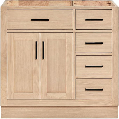 ARIEL Hepburn 36-inch Bathroom Vanity Base Cabinet,Solid Wood, 2 Soft Closing Doors, 5 Dovetail Drawers, White Oak