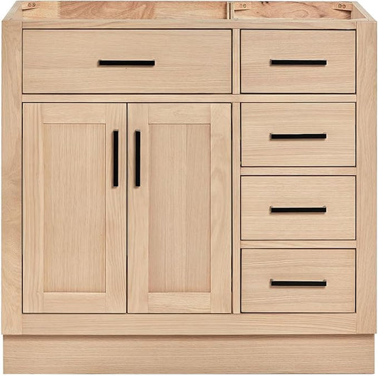 ARIEL Hepburn 36-inch Bathroom Vanity Base Cabinet,Solid Wood, 2 Soft Closing Doors, 5 Dovetail Drawers, White Oak