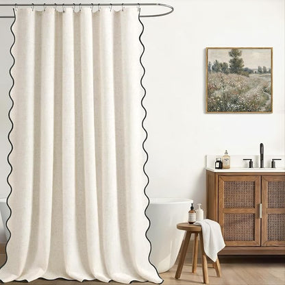 Scalloped Shower Curtain Linen Boho Flax White 72" W x 72" L | Linen Fabric, Black Border, Washable, Heavy Duty Cloth, Shower Curtain for Boho Farmhouse Bathroom Bathtub