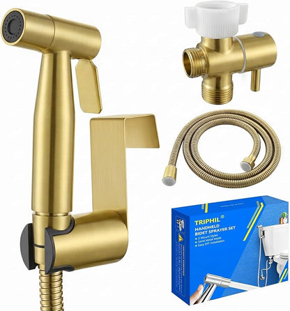 TRIPHIL Handheld Bidet Sprayer for Toilet, Adjustable Water Pressure Jet Bidet Attachment with Leak-Proof 304 Stainless Steel T-Valve for Bathroom Cleaning, Cloth Diaper/Feminine Wash, Brushed Gold